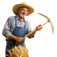 Senior farmer with a scythe standing next to wheat stalks png