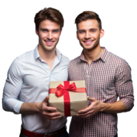 Two smiling men holding a gift with a red ribbon together png