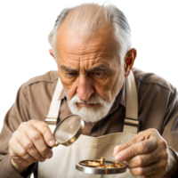 Senior man using magnifying glass to examine an object png