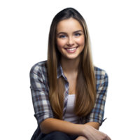 alegre jovem mulher dentro xadrez camisa posando com uma sorrir png