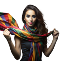 Elegant woman displaying vibrant multi-colored scarf png