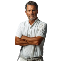 Confident senior golfer with arms crossed in a studio setting png