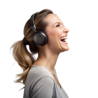 alegre mujer disfrutando música con moderno auriculares png