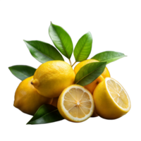 Fresh lemons with green leaves on a transparent background png