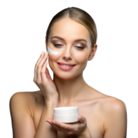 elegante mujer aplicando facial crema para protección de la piel rutina png