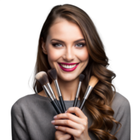 Smiling beauty expert holding makeup brushes on transparent background png