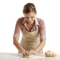 Woman kneading dough on a countertop with a smile png