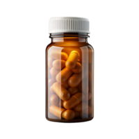 Amber medicine bottle filled with capsules on transparent background png