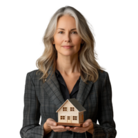 Professional woman holding a model house in her hands png