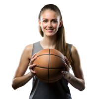 Young female athlete holding a basketball on transparent background png