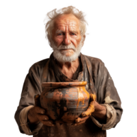 Elderly potter in work clothes presenting a ceramic pot png