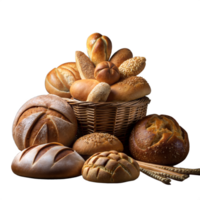 Assorted fresh breads in a wicker basket on a transparent background png