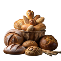 Assorted fresh breads in a wicker basket on a transparent background png