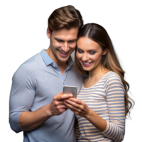 Happy couple sharing a fun moment looking at smartphone png