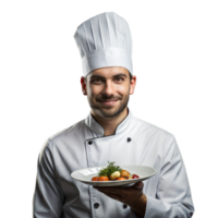 Professional chef presenting a gourmet dish with a smile png