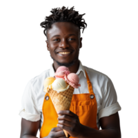 Smiling ice cream vendor holding a cone with multiple flavors png