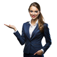 Professional woman in suit presenting an invisible product png