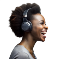 alegre mujer disfrutando música con elegante auriculares png