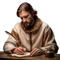Medieval monk writing diligently with quill and ink png