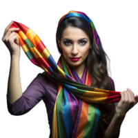 Elegant woman fashionably posing with colorful silk scarf png