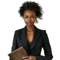 Professional black woman in suit holding a tablet png