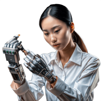 jovem ásia mulher interage com avançado robótico braço png