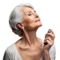 Elegant senior woman enjoying a luxurious perfume png