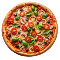 Delicious vegetable pizza with fresh basil and tomatoes png