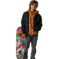 Young male skateboarder posing with colorful skateboard png