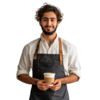 Friendly barista offering a cup of coffee with a warm smile png