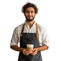 simpático barista ofrecimiento un taza de café con un calentar sonrisa png