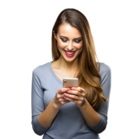 contento giovane donna sorridente mentre utilizzando sua smartphone png