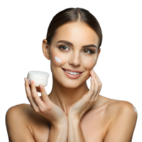 Beautiful woman showcasing skincare cream on her face png