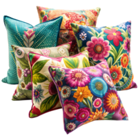 Colorful floral patterned cushions arranged in dynamic composition png