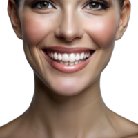 fermer de une Jeune femme souriant avec parfait les dents png