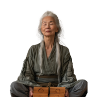 Senior Asian woman meditating in traditional attire png