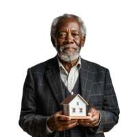 Senior man holding a model home, representing homeownership png