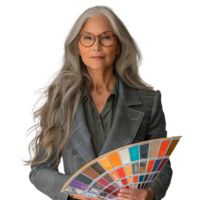 senior kvinna designer innehav Färg färgrutor med förtroende png