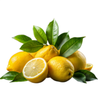 Fresh yellow lemons with green leaves on a clear background png