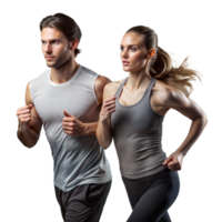 Athletic man and woman jogging together in sportswear png