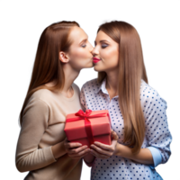 Affectionate kiss and gift exchange between two women png