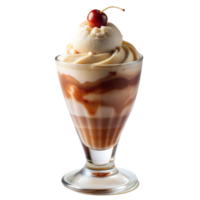 Delicious caramel sundae topped with vanilla ice cream and cherry png