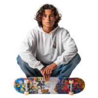 Teenage skateboarder posing with colorful skateboard png