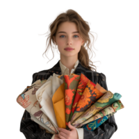 Young woman holding an assortment of colorful fabrics png