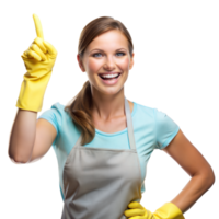 Smiling woman in apron and yellow gloves pointing upwards png