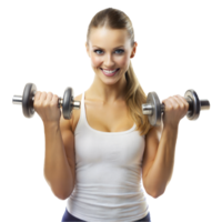 Fit young woman lifting dumbbells with enthusiasm and joy png