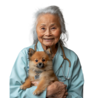 Senior female veterinarian holding a small fluffy dog png