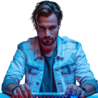 Focused man using backlit keyboard in colorful lighting png