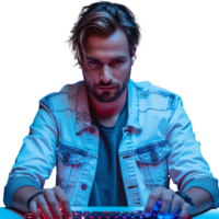 Focused man using backlit keyboard in colorful lighting png