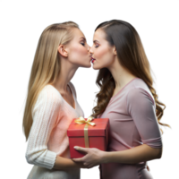 Two women exchanging a gift with a gentle kiss png